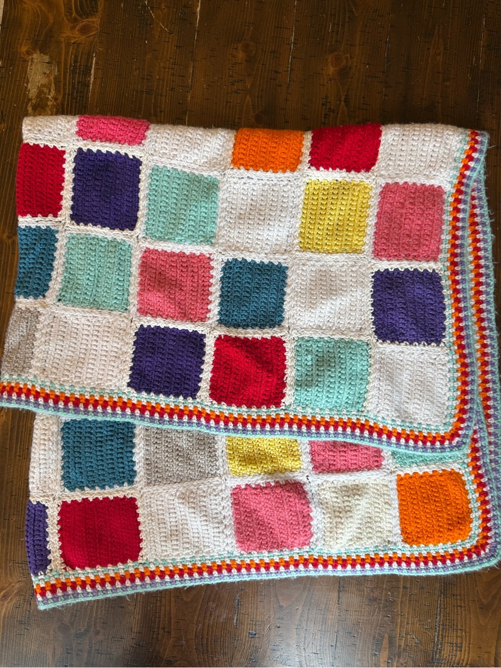 Vintage Handmade Crochet Afghan Blanket Multi-Color Granny Squares Boho Colorful